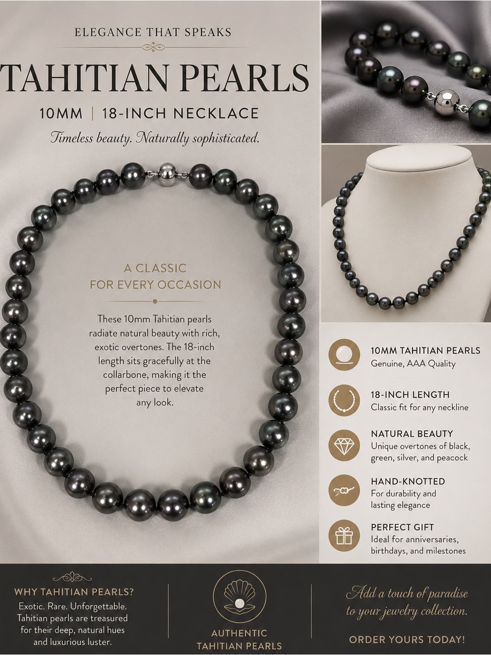Authentic Tahitian Pearl Necklace - Black 10mm 18-Inch